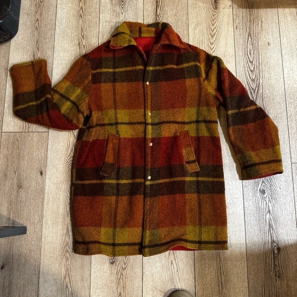 Vintage wool blend men's snap up coat checkered pattern orange brown pockets, M. - Picture 2 of 16